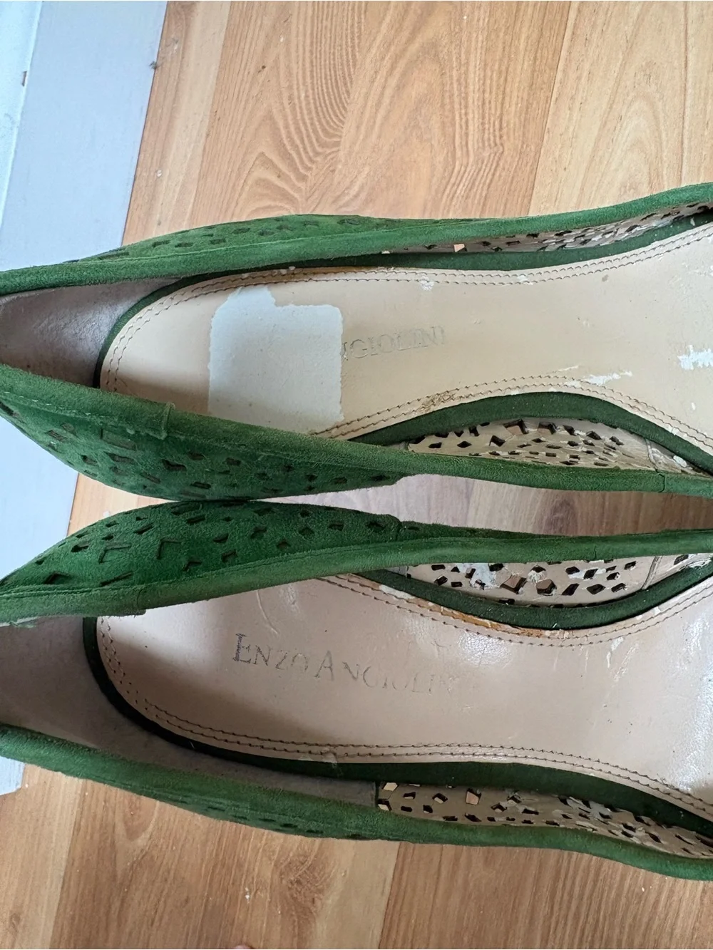 Enzo Angiolini Green Suede Laser-Cut Peep-Toe Heels
